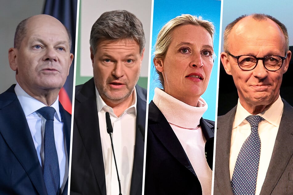 Die Kanzlerkandidaten Olaf Scholz (66, SPD), Robert Habeck (55, Grüne), Alice Weidel (46, AfD) und Friedrich Merz (69, CDU).