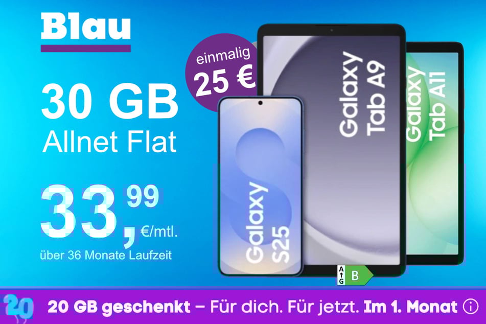 Das Samsung Galaxy S25 + Tab A9 + Tab A11 im Blau Allnet L für einmalig 25 Euro.