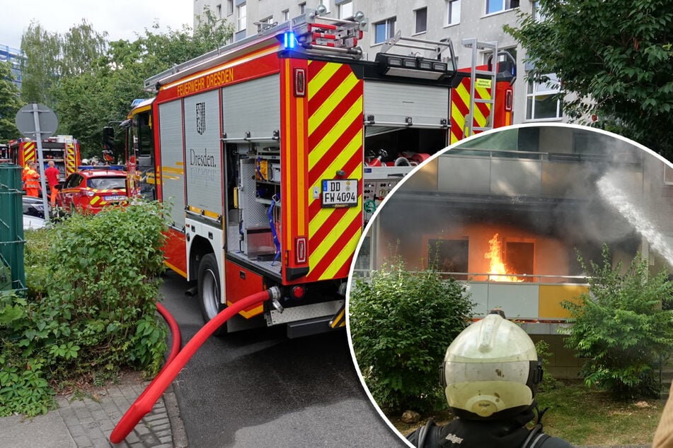 Dresden: Feuer im Dresdner Westen: Flammen schlagen aus Plattenbau-Wohnung