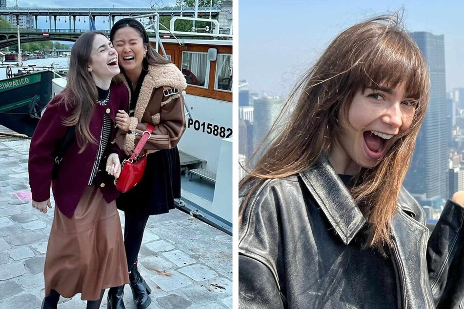 Emily in Paris co-stars Lily Collins (l.) and Ashley Park posed together for a series of photos and clips at the show's Paris wrap party, as the show announced it will air its new season in two parts.