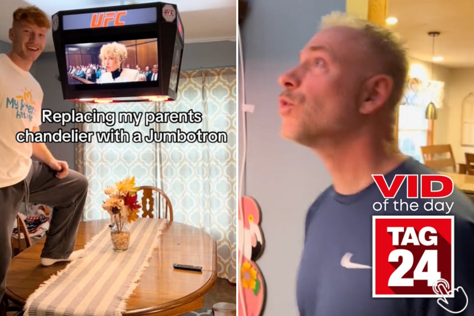 Today's Viral Video of the Day features a guy on TikTok who switched his parents' dining room chandelier for a mini jumbotron!