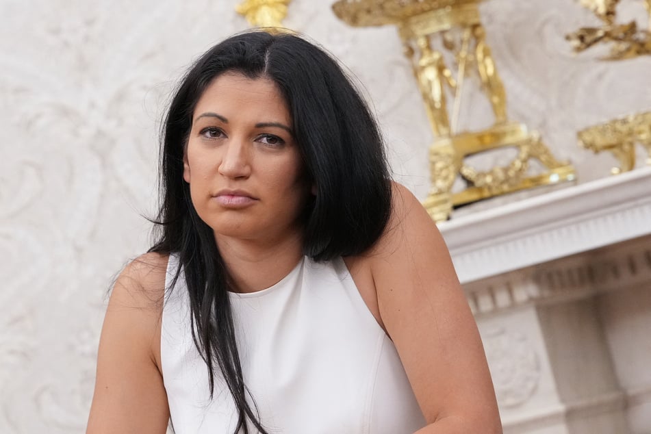 White House Deputy Chief of Staff Stephen Miller's wife, Katie Miller, is pictured in the Oval Office of the White House on May 30, 2025.