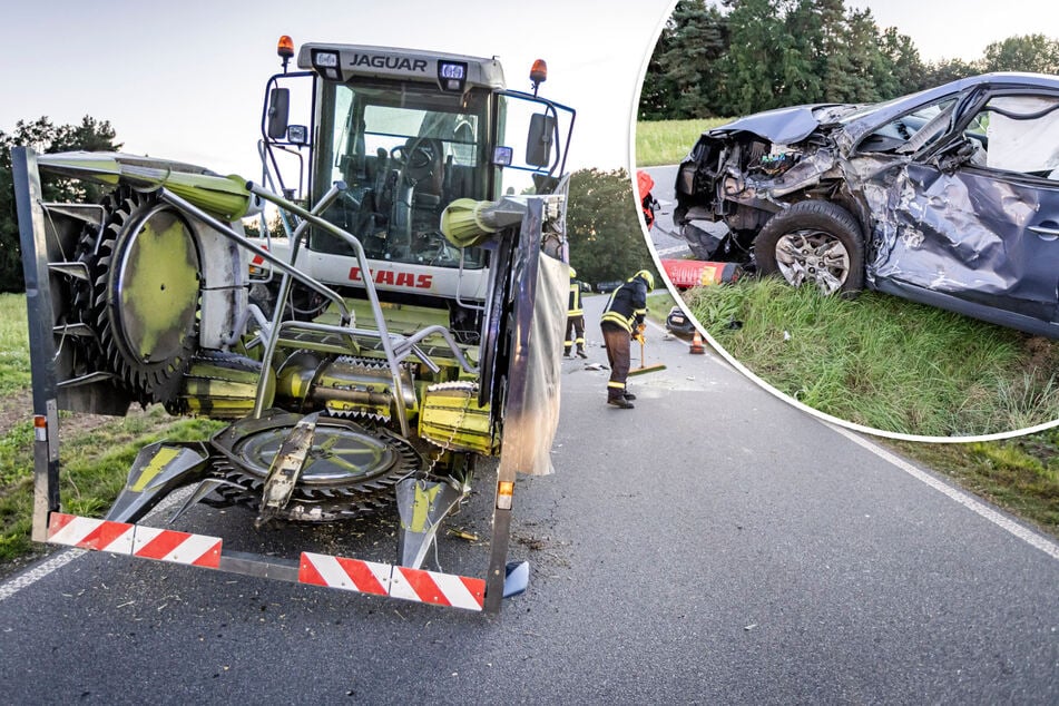 Heftiger Unfall im Dresdner Osten: Senior kracht mit Hyundai in Feldhäcksler