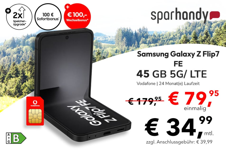 Das Samsung Galaxy Z Flip7 FE in der 45 GB Vodafone Allnet-Flat für einmalig 79,95 statt 179,95 Euro.