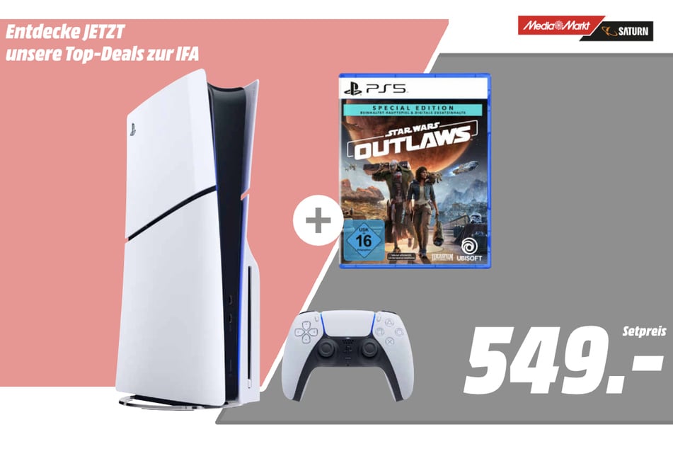 Sony Playstation 5 Slim PLUS Star Wars Outlaws für 549 Euro.