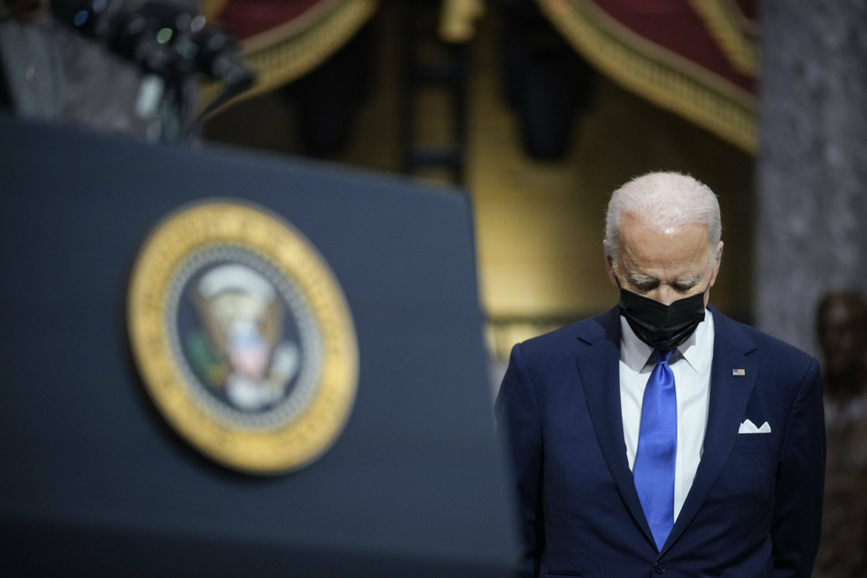 President Joe Biden prepares to speak at Statuary Hall in the US Capitol on January 06 in Washington DC.