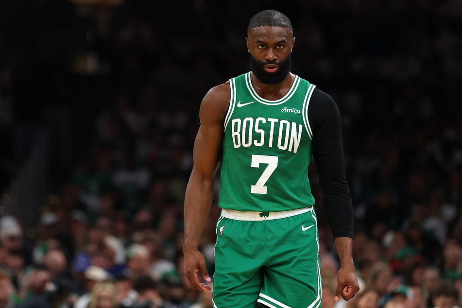 Jaylen Brown of the Boston Celtics looks on during game seven of the first round of the NBA Eastern Conference Playoffs against the Philadelphia 76ers at TD Garden on May 2, 2026.