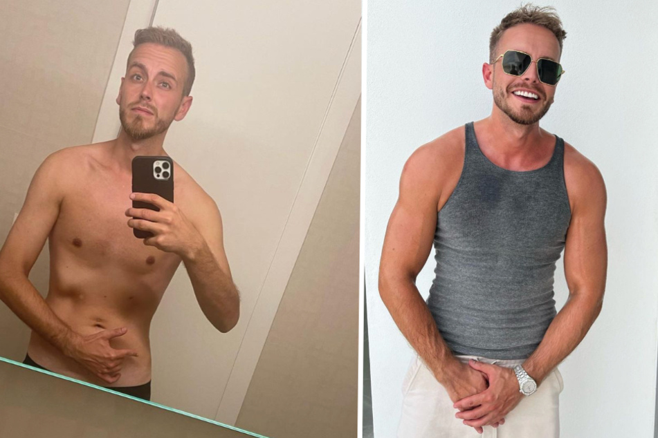 Binnen eines Jahres baute Julian Claßen (30) ordentlich Muskelmasse auf (Foto rechts) und zeigt sich seitdem regelmäßig freizügig auf Instagram.