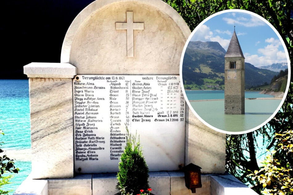 Denkmal für die Opfer des Busunglückes im Reschensee am 13. August 1951 sowie weitere Unglücksopfer in späteren Jahren.