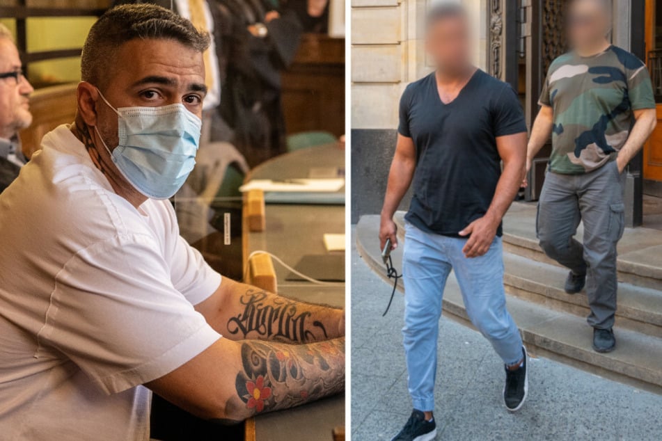 Arafat Abou-Chaker. (44, 2. v. r) und ein Mitangeklagter (r.) kommen nach einer Gerichtsverhandlung aus dem Landgericht. Bushido (42, l.) hat seine Corona-Infektion überstanden.