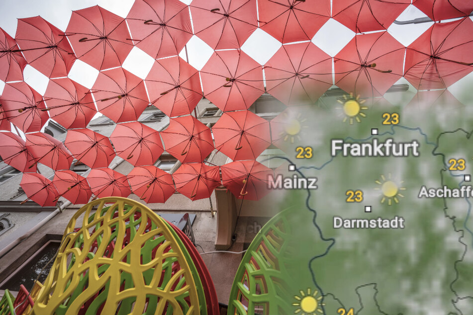 Rote Regenschirme sind auf der Außenterrasse eines italienischen Lokals am Alleenring in Frankfurt aufgestellt.