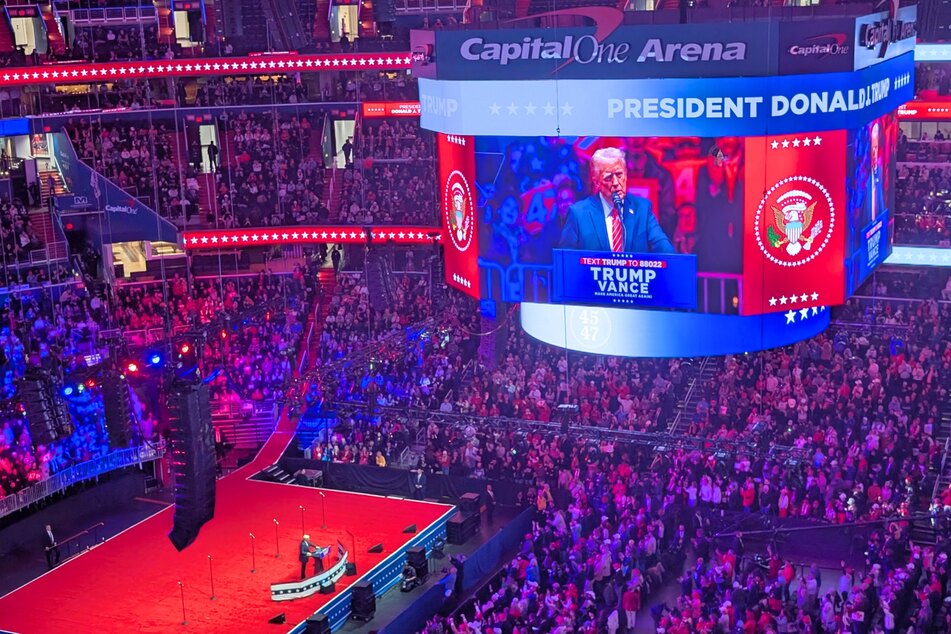 Donald Trump giving a speech during his Victory Rally at the Capital One Arena in Washington DC on January 19, 2025.