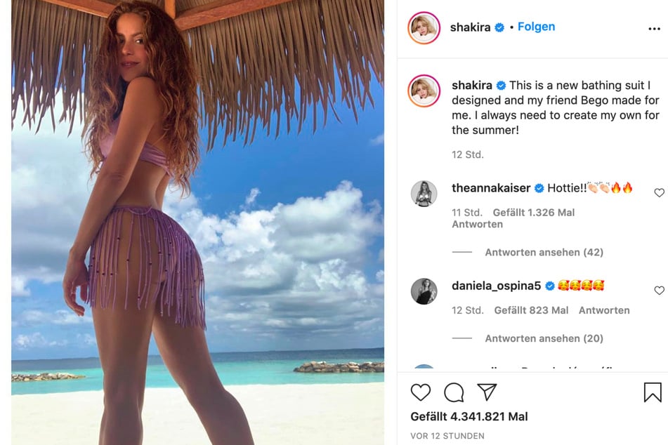 Shakira presents her newly designed bathing suit on Instagram.