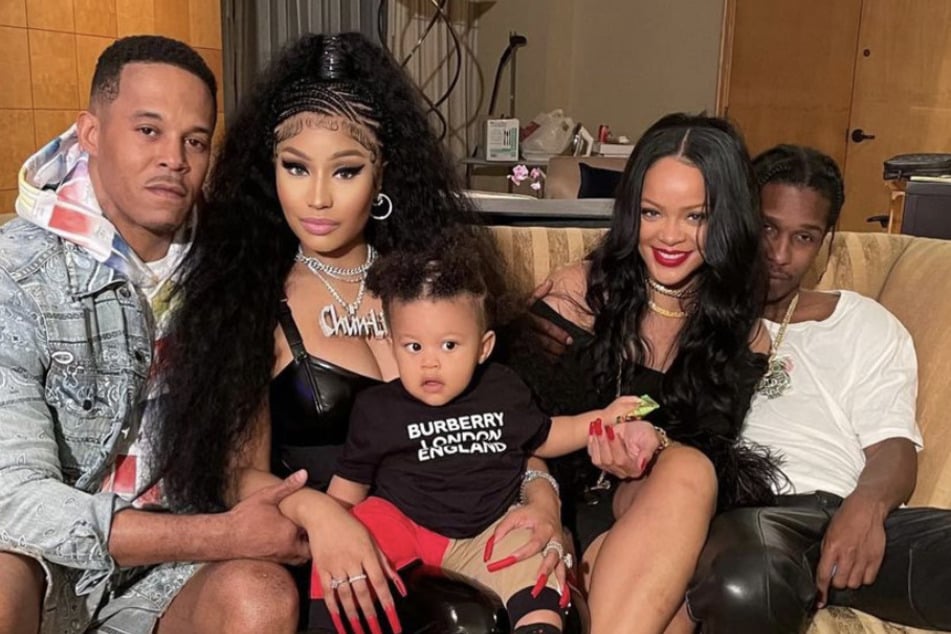 Nicki Minaj shared a photo of herself with her husband, Kenneth Petty (l.), their son (c.), Rihanna and A$AP Rocky (r).
