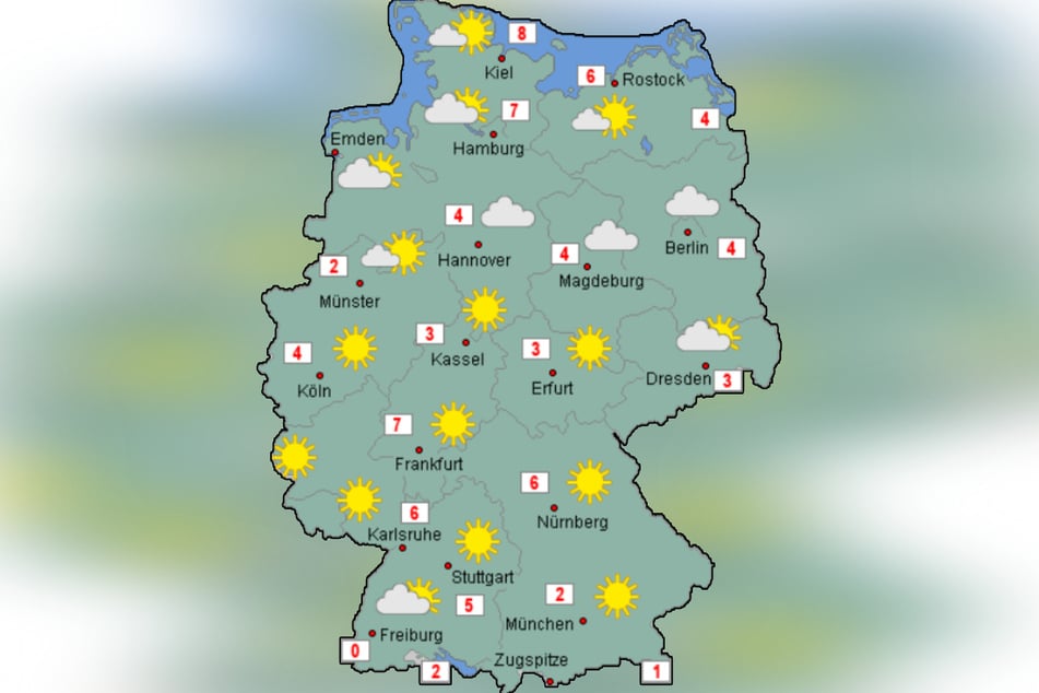 Der Samstag zeigt sich trocken und kalt mit stellenweise milden Temperaturen. In vielen Regionen Deutschlands scheint die Sonne.