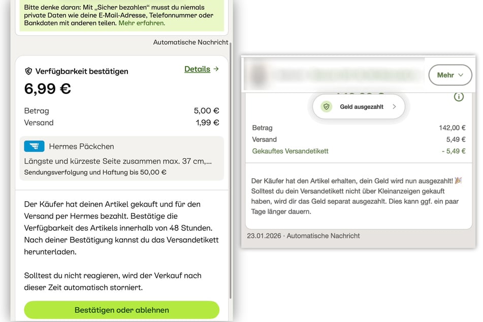 So sollte es richtig aussehen, wenn ein Interessent bei Kleinanzeigen über das Bezahlsystem der Plattform bezahlt.