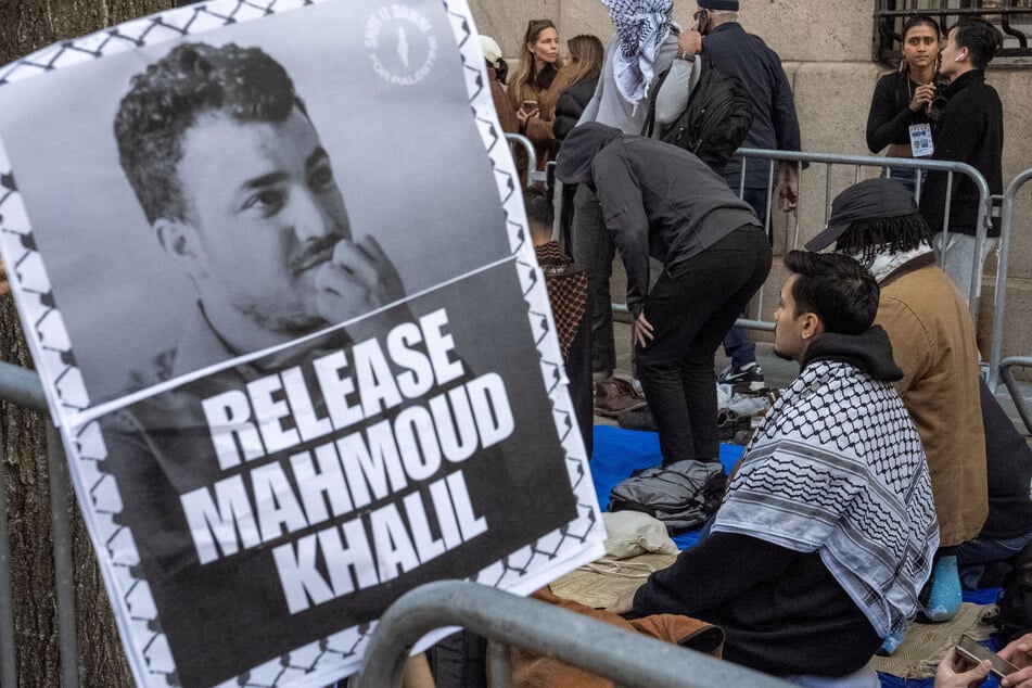 Protestors pray outside the main campus of Columbia University during a demonstration to denounce the arrest of Mahmoud Khalil on March 14, 2025.