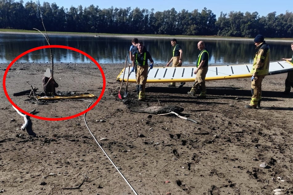 Um sich nicht selbst in Gefahr zu bringen, nutzten die Feuerwehrleute einen pneumatisch betriebener Rettungssteg als Arbeitsplattform.
