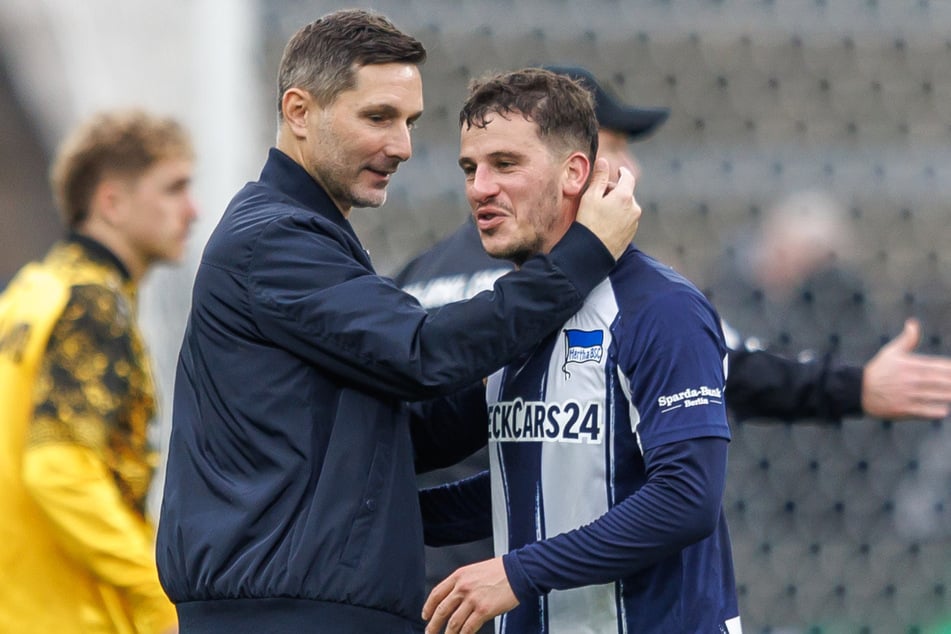 Hertha-Trainer Stefan Leitl (48) muss eventuell auf Diego Demme (34, r.) verzichten.