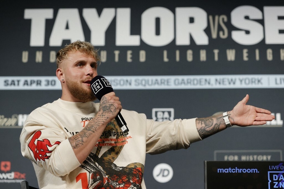 Most Valuable Promotions founder Jake Paul speaks during the Weigh-In leading up to the World Lightweight Title fight between Katie Taylor and Amanda Serrano.