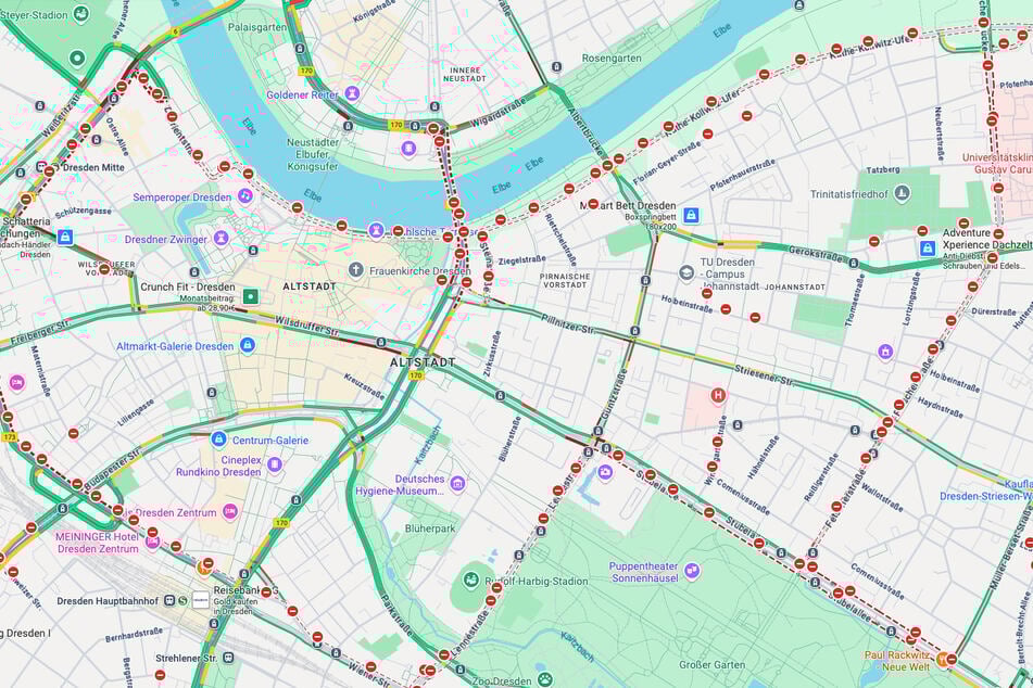 Dresden: Dresden sieht rot: Warum macht Google Maps die Innenstadt heute zum Sperrgebiet?