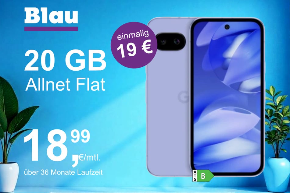 Das Google Pixel 9a im Blau Allnet M für einmalig 19 Euro.