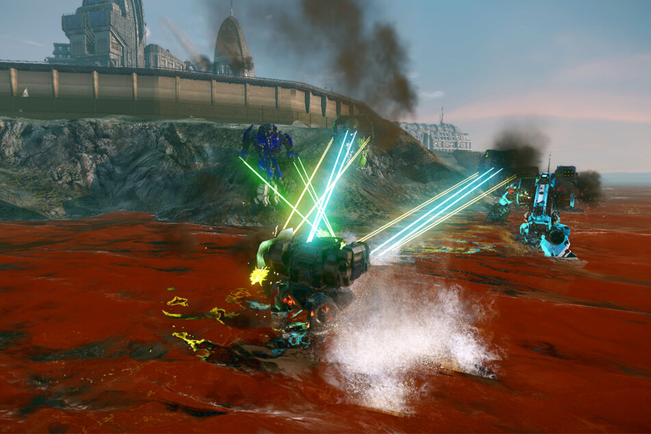 Mechs in MechWarrior Online trade laser fire while sporting custom decals and paint jobs.