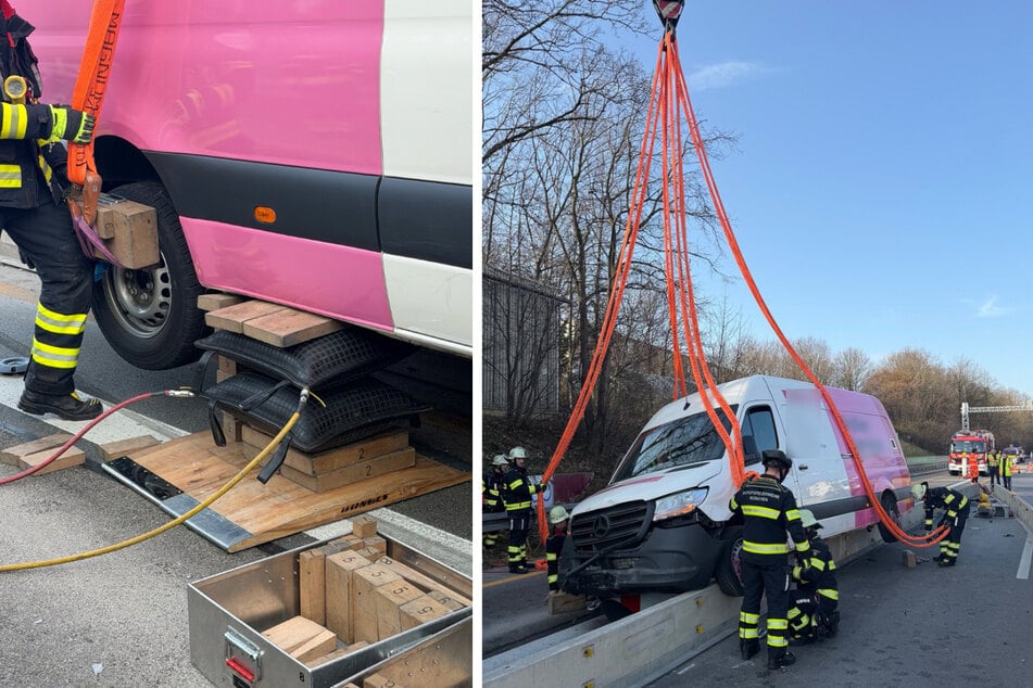 Mit Luftkissen wurde der Transporter ausgeglichen und dann an einem Kran befestigt.