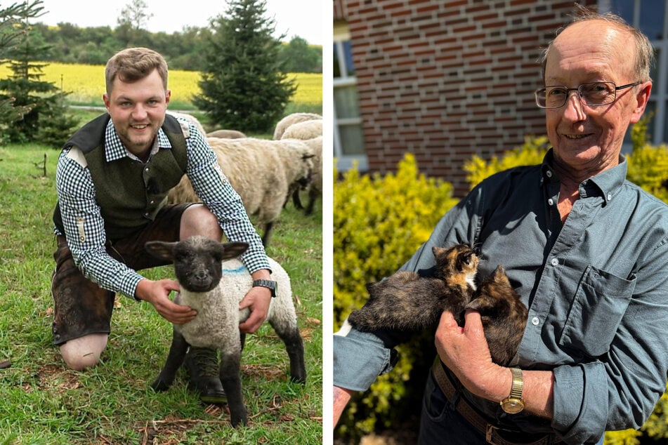 Forstbauer Michi (22, l.) aus Rheinland-Pfalz und Bio-Legehennen-Halter Walter (73) aus Niedersachsen.
