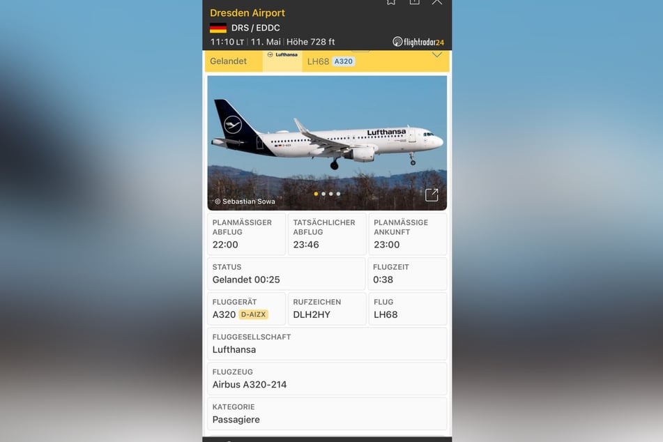 Die Maschine der Lufthansa (Flugnummer LH68) kam verspätet aus Frankfurt und landete gegen 0.25 Uhr in Dresden.