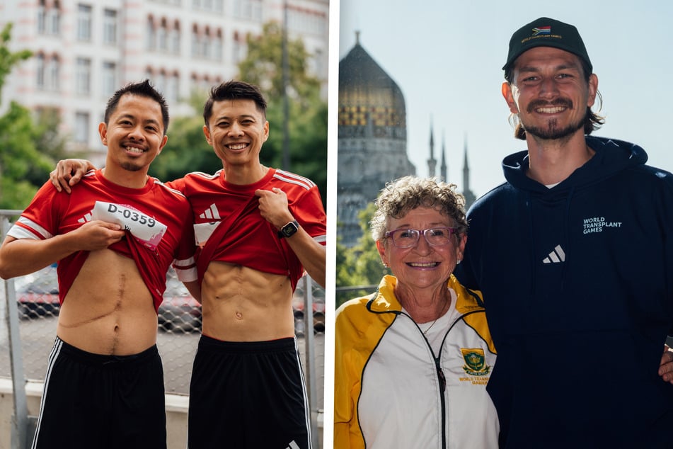 Links: Mit Stolz zeigen sie ihre Narben von der Leber-Transplantation: Stephen Yu (36, r.) und sein Bruder Henry (37). Rechts: Adrian Graber (31) spendete Nora Simpson (69) aus Südafrika Knochenmark.