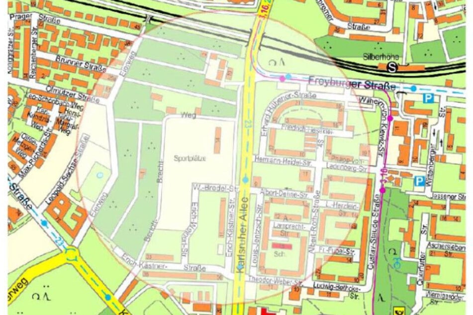 Im Ortsteil Silberhöhe ist am Dienstag die 18. Fliegerbombe gefunden worden. Der Kreis zeigt das Evakuierungsgebiet.