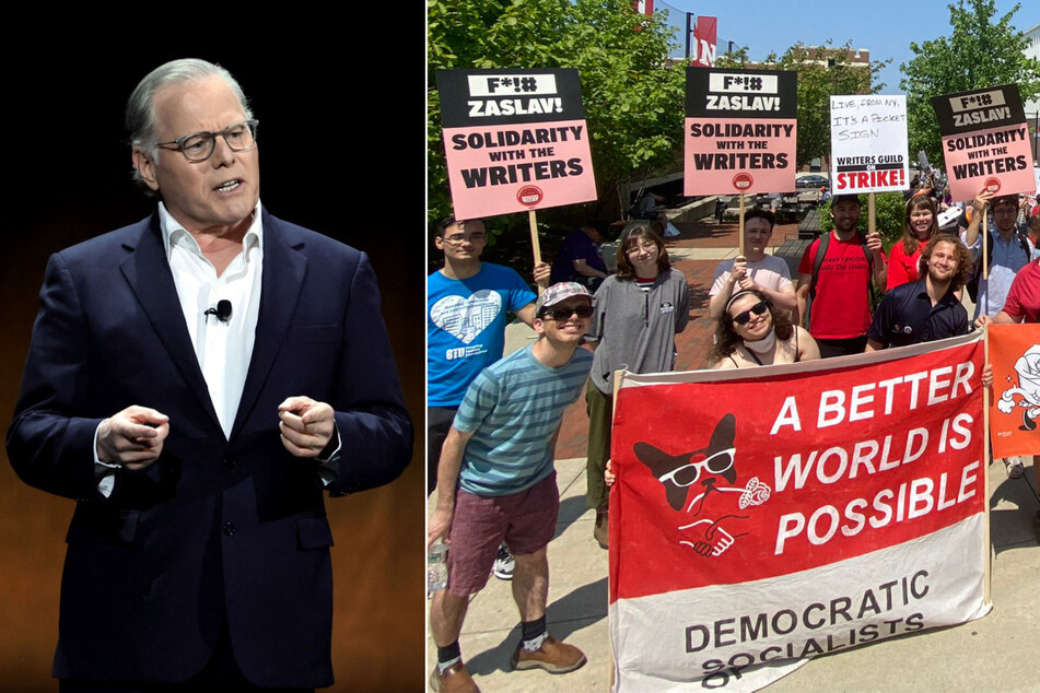 Supporters of the WGA writers' strike turned out en masse to protest Warner Bros. Discovery CEO David Zaslav's 2023 Boston University commencement speech.