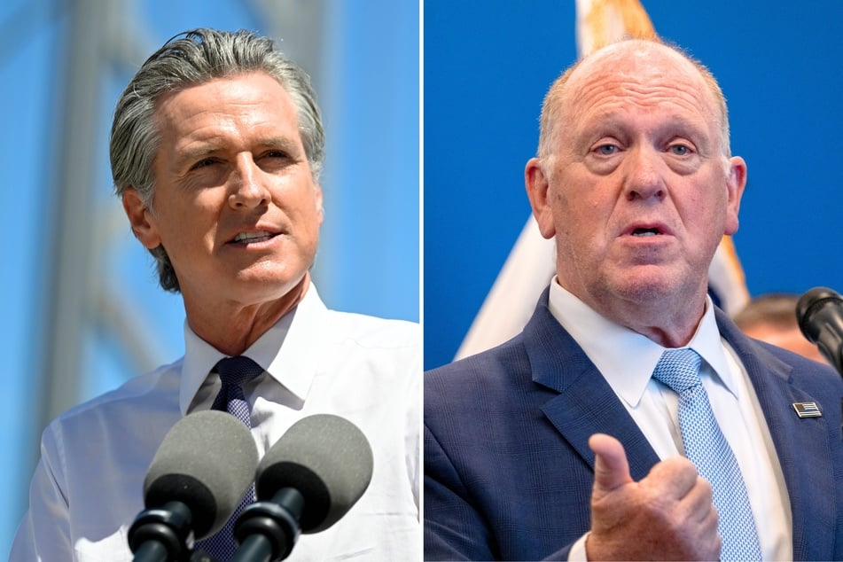 In a recent interview, Donald Trump's border czar Tom Homan (r.) criticized Gavin Newsom (l.) for calling ICE the president's "private police force."