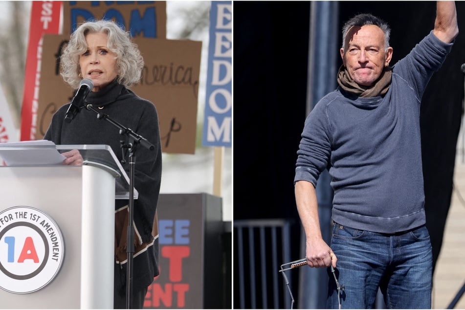 Jane Fonda (l) and Bruce Springsteen (r) were among the celebrities who performed and gave speeches at the No Kings Day protest this weekend.