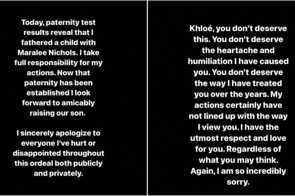 Tristan Thompson shared a lengthy statement on his Instagram story where he acknowledged his actions and apologized to Khloé Kardashian.