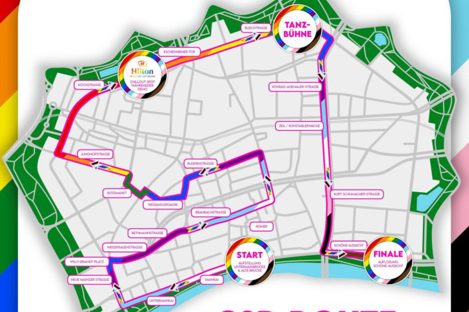 Diese Grafik zeigt den Streckenverlauf der heutigen CSD-Demonstration in Frankfurt am Main.