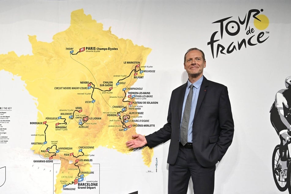 Tour-Chef Christian Prudhomme (65) präsentierte hier die Rundfahrt für 2026. In drei Jahren will Dresden mit Berlin auf der Karte sein.