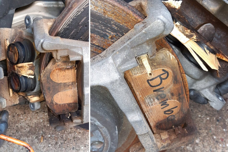 Bremsklötze aus Holz, auf einem wurde mit Filzstift der Name des Autoteilzulieferers vermerkt - wie originell!