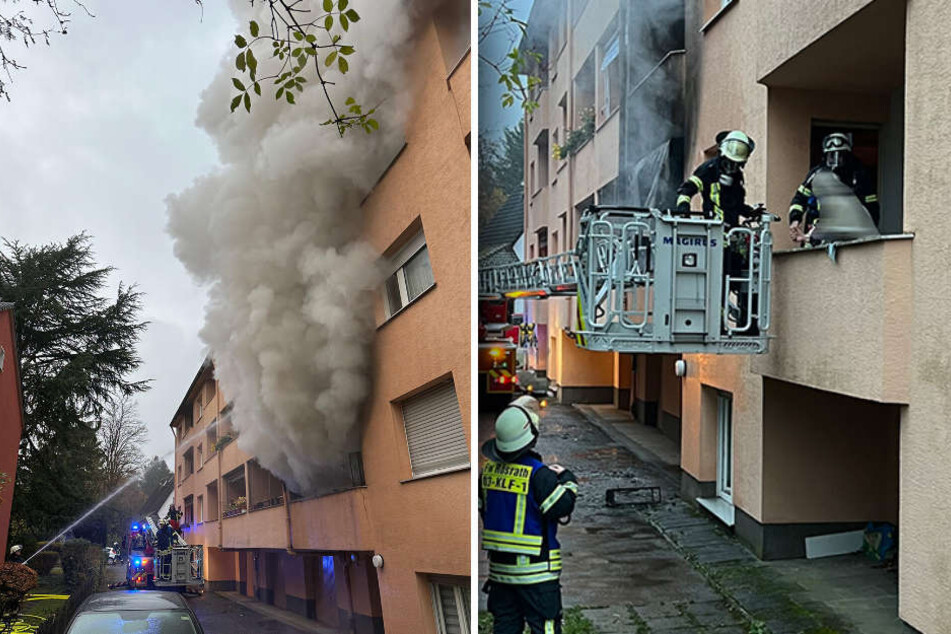 Dichter Rauch zog bei Eintreffen der Einsatzkräfte aus der Brandwohnung. Die Feuerwehr rettete zwei Bewohner über eine Drehleiter.