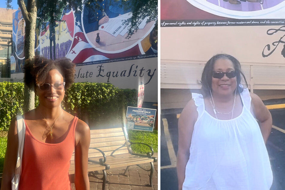 Jeanelle Sims (l.) and her aunt, Eleanor, visit Juneteenth in Galveston from Chicago.