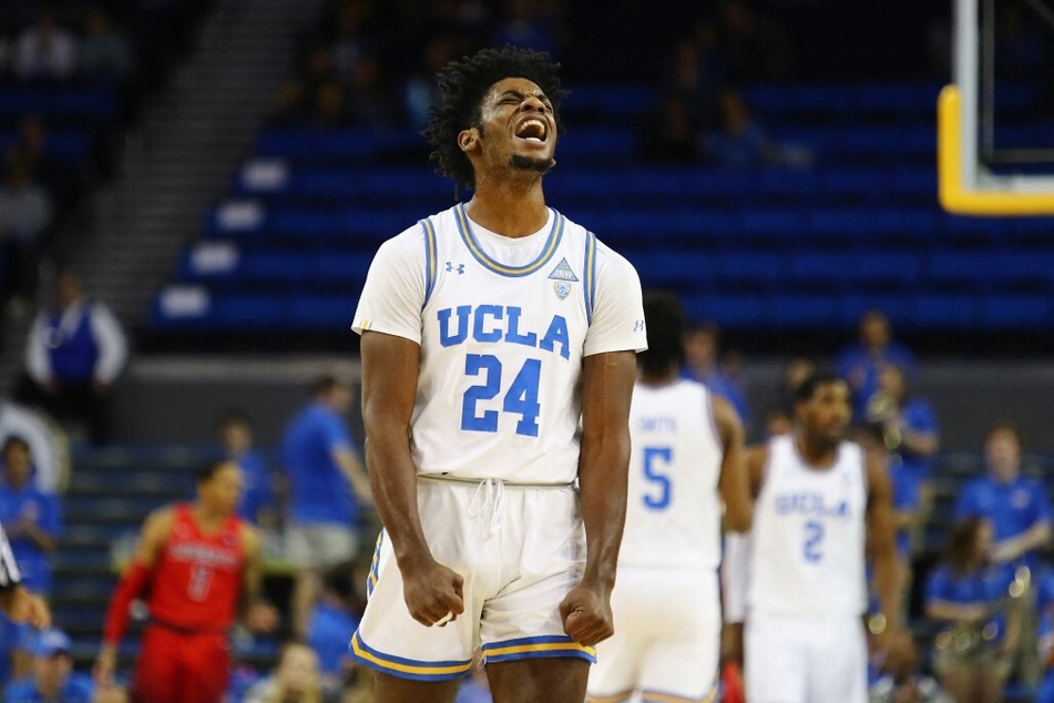 Jalen Hill of the UCLA Bruins reacts during the first half against the Liberty Flames at Pauley Pavilion.