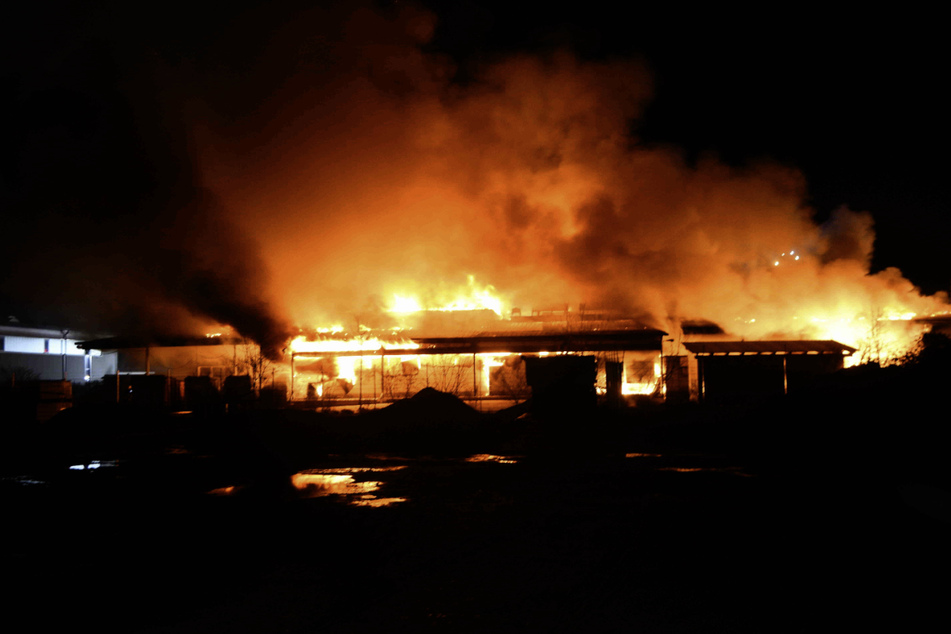 Meterhoch schlagen Flammen aus der brennenden Bäckerei in Walldorf.