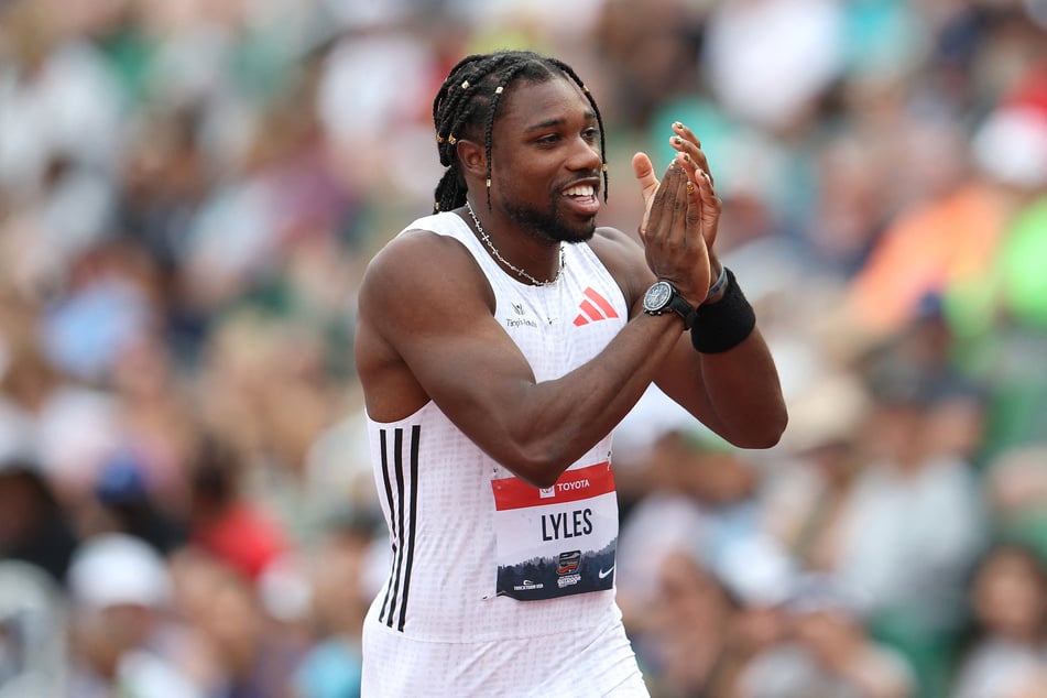 Noah Lyles reacts after competing in the Lake County Men's 100m during the 2025 USATF Outdoor Championships at Hayward Field in Eugene, Oregon.
