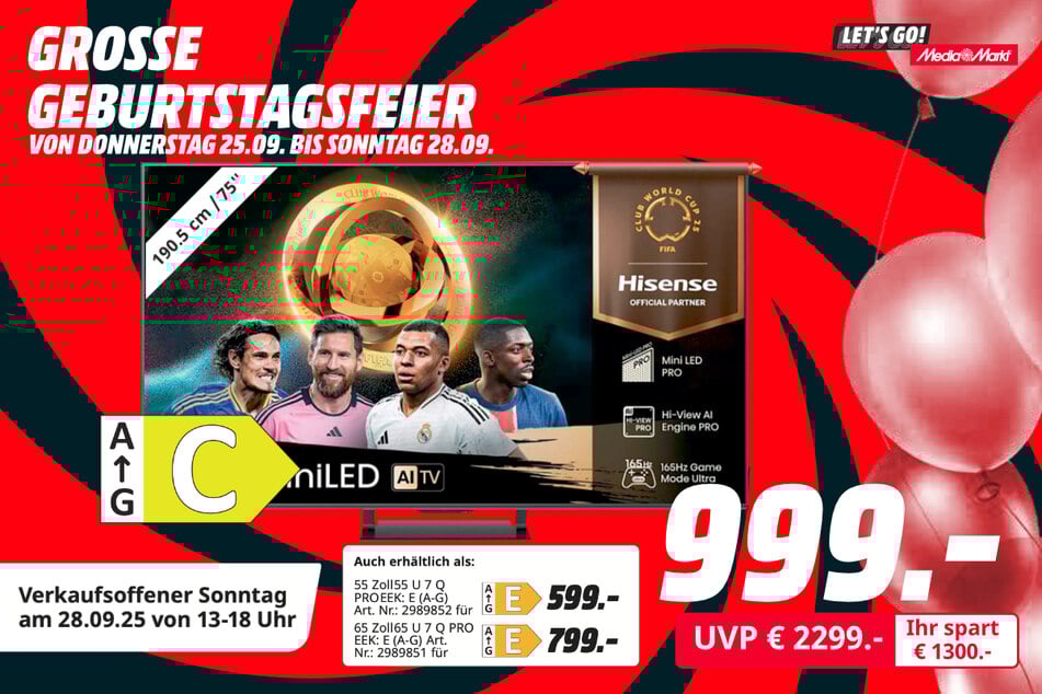 75-Zoll Hisense-Fernseher 75U7QPRO für 999 statt 2.299 Euro.
