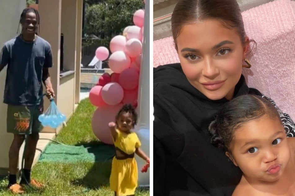 On Monday, Kylie Jenner (r.) shared videos of Travis Scott and their daughter Stormi (l.) engaging in a fun water balloon fight.