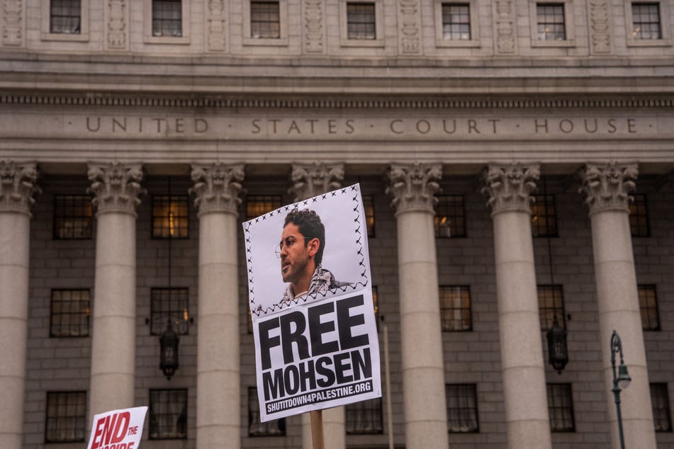 Pro-Palestinian activists rally for Mohsen Mahdawi and protest the Trump administration's deportation efforts outside of the Thurgood Marshall United States Courthouse in New York City on April 15, 2025.