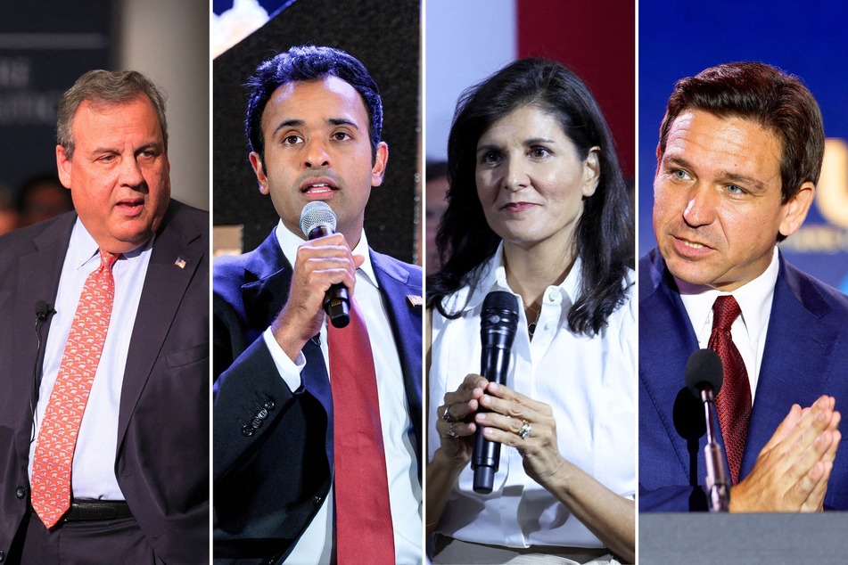 Four of the eight presidential candidates (from l. to r.): Chris Christie, Vivek Ramaswamy, Nikki Haley, and Ron DeSantis.