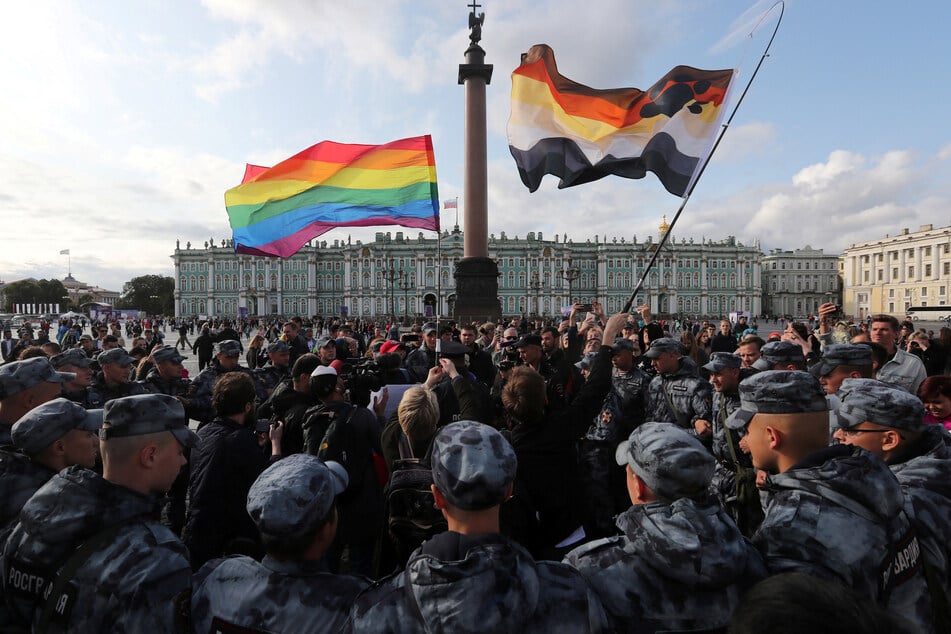 Police block LGBTQ+ advocates in St. Petersburg in 2019.
