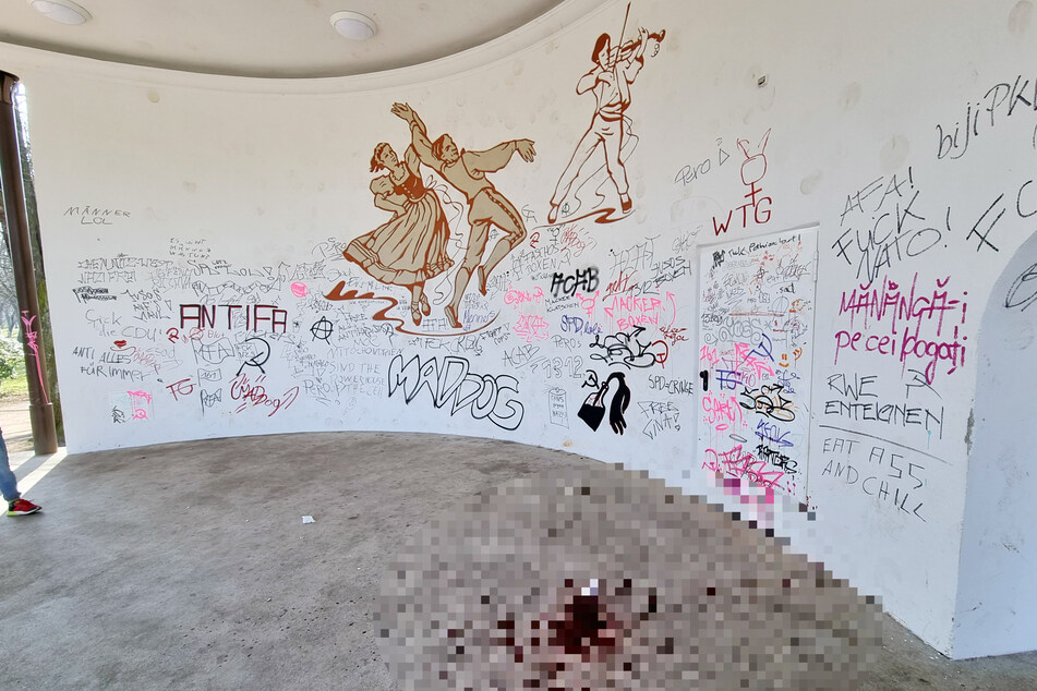 Verkommen: Der Schloßteich-Pavillon in Chemnitz ist kein Wohlfühlort mehr. Die Wände sind beschmiert, auf dem Boden ist eine mutmaßliche Blutlache zu sehen.